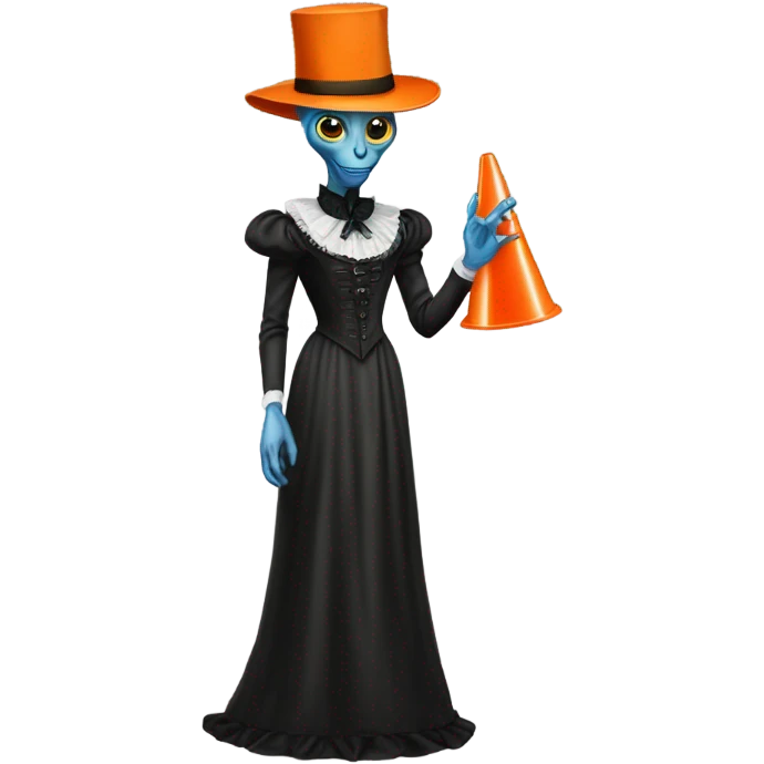alien galora in Victorian dress elegant, full body, holding traffic cone emoji