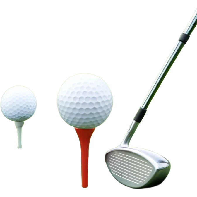 A golf ball on a tee with a golf club placed beside it, set against the backdrop of a well-manicured green golf course. The scene emphasizes the equipment and serene atmosphere of the sport, with soft lighting and a peaceful, open landscape emoji