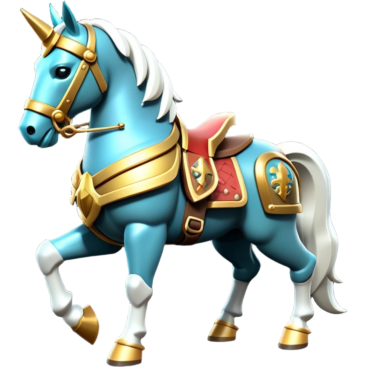 Clash of Clans aesthetic: Cinematic Playful Armored Horse Emoji, rendered in a 3D vector-style similar to standard emojis with minimal shading and bold, simplified shapes. A compact, isometric warhorse outfitted in intricately detailed armor with noble accents, softly glowing with a gallant medieval carriage charm. Simplified yet unmistakably iconic, highly detailed and consistent, glowing with a soft radiant shine and high polish. Stylized with a touch of heroic elegance and a soft glowing outline, capturing the essence of a noble steed ready for battle with a friendly, playful air! emoji