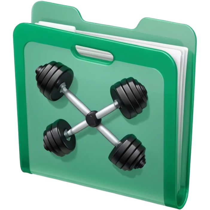 A translucent green plastic folder with rounded corners, elastic string and button closure, clean minimal look, and a dumbbell/gym symbol on the front. emoji
