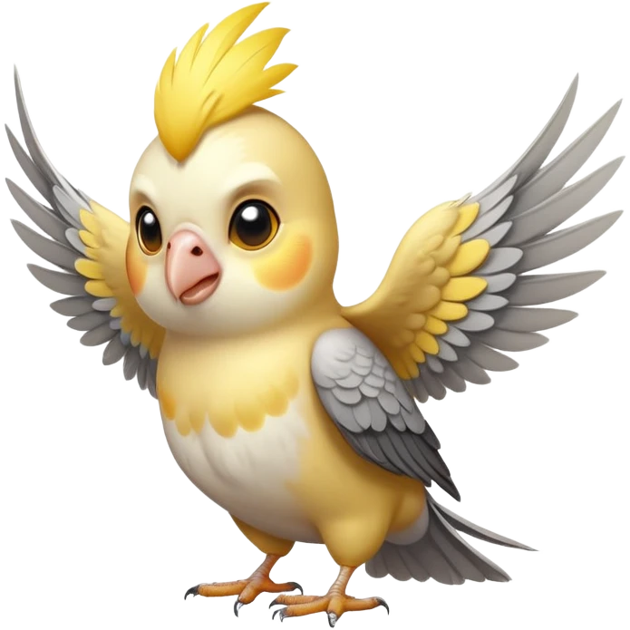 adorable-[cockatiel]-realistic-full-body-perched-emoji,-wings-tucked-neatly,-head-tilted-dramatically,-sleek-[yellow and grey]-feathers,-simplified-yet-realistic-focused-features,-highly-detailed,-glowing-with-an-almost-sarcastic-glow emoji