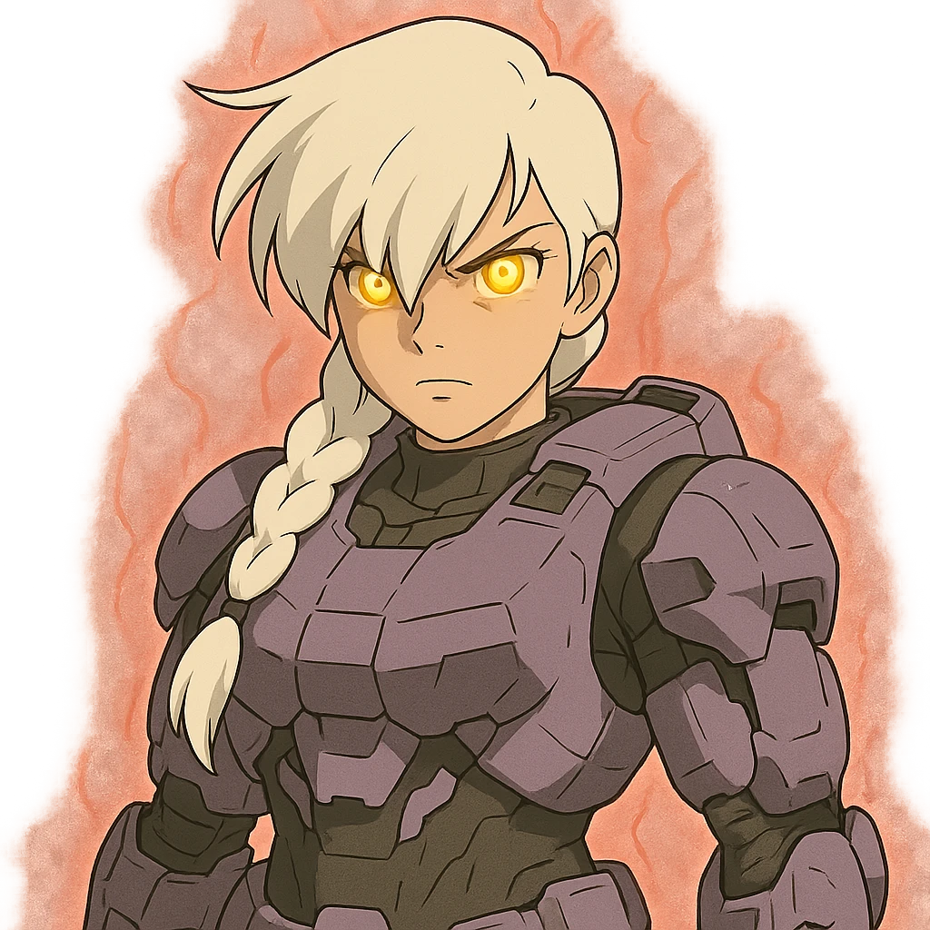 female, wearing reach spartan armor shoulder-unequip, long white braid hair with massive messy front side single bangs, gold yellow eyes, attention pose, D-cup size, HALO:series, no helmet, the armor is lavender color scheme, eyes glowing, demon eye, gleam, rage aura, body steaming emoji