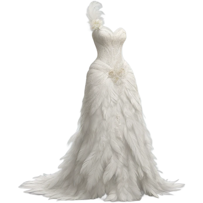 Hyper Realistic ornate Wedding dress displays  with feathers  emoji