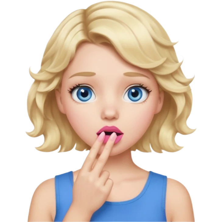 Girl Blonde short wavy hair,  blue eyes, cute blue top, long lashes, pink lips, shocked, hand over the mouth emoji