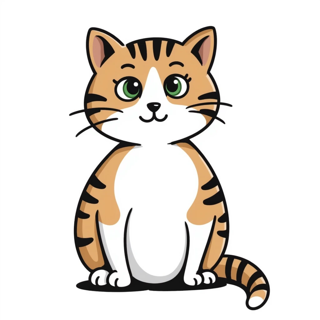 Brown, white, and black tabby cat with green eyes sitting to show its white belly, hand-drawn style emoji