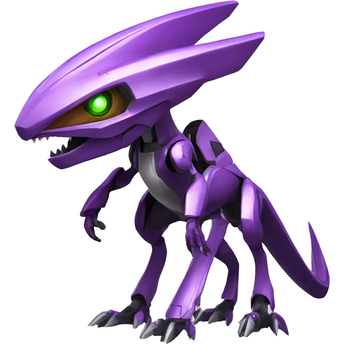 a purple-green Genesect-Raptor-Fakémon—hybrid with a futuristic visor-helmet full body emoji