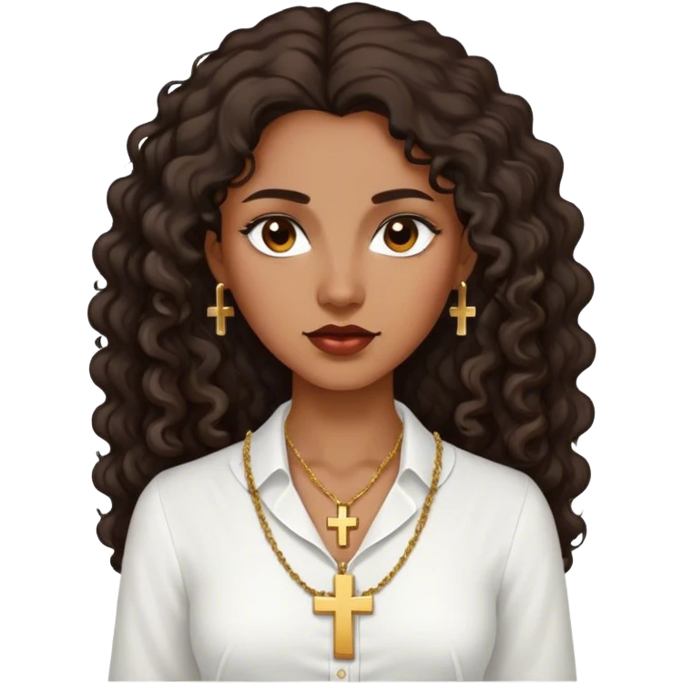 Dark Brown woman with dark curly long hair white dress shirt with gold small cross necklace no earrings emoji