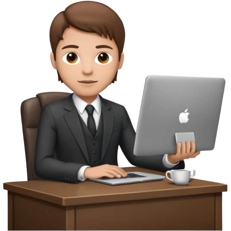 Mach mir einen Trader der in einem Schreibtischstuhl sitzt mit einem Laptop. vor sich am tisch. Aber er soll alleine sein. Mach ihn mit anzug und braunen haaren emoji