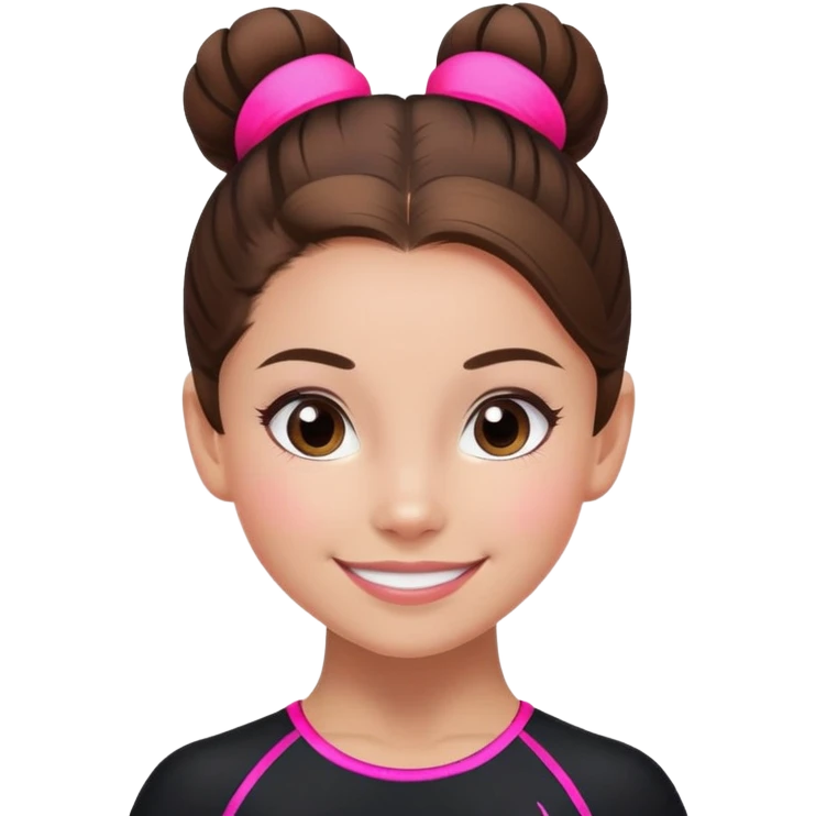 Happy female gymnast with brown hair in a neat bun, wearing a black uniform with neon pink elements. emoji