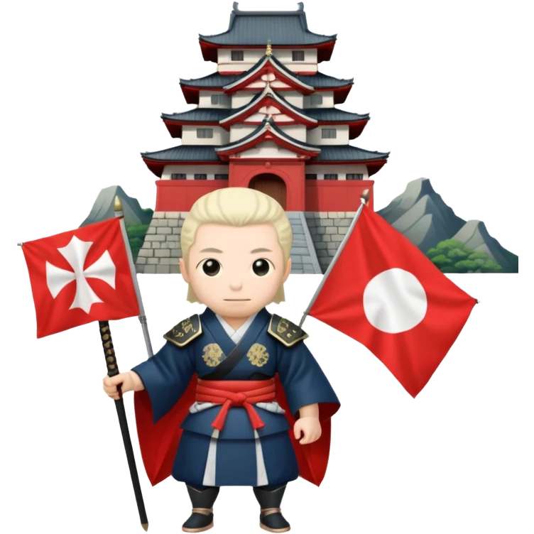 Japanese Castle Lord, Lord standing before a Japanese castle backdrop, holding a banner with family crest. emoji