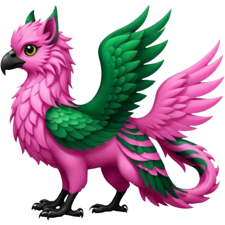 Emerald-green gryphon with a long tufted tail, black beak, pink swirly pattern markings, black claws, black tail, majestic, realistic, furry (full body) emoji