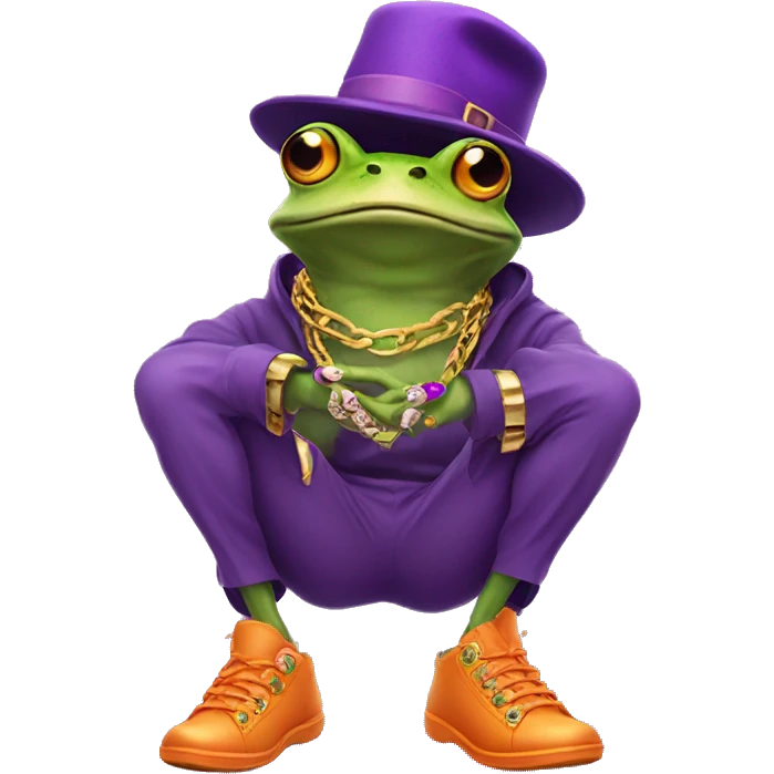 Photo of a frog with purple shoes, gold chain, bracelet and orange hat emoji