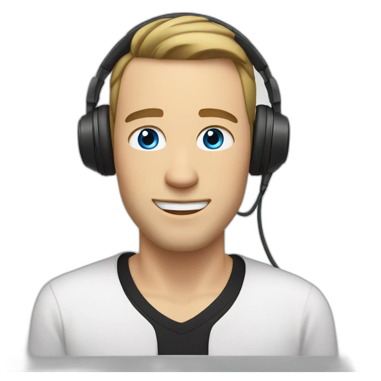 WHITE MAN WITH DARK BLONDE LOW HAIR, RELAXED FACE, BLUE EYES AND A WHITE HEADPHONE, BLACK SHIRT emoji