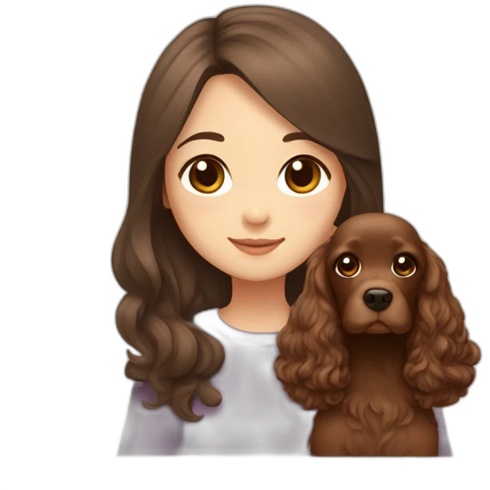 korean girl in long brown hair sits with brown cocker spaniel emoji