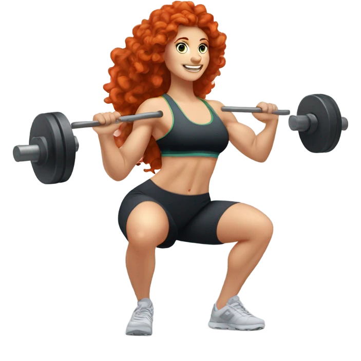 Sporty white Girl coach with long curly red hair doing leg exercice with heavy weights emoji