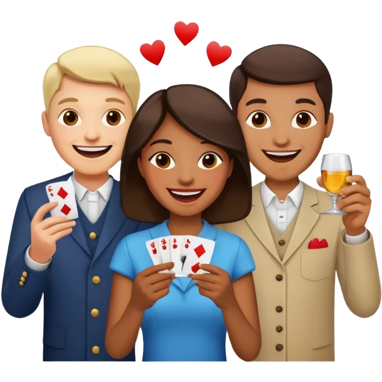 a group laughing, holding cards and shot glasses emoji