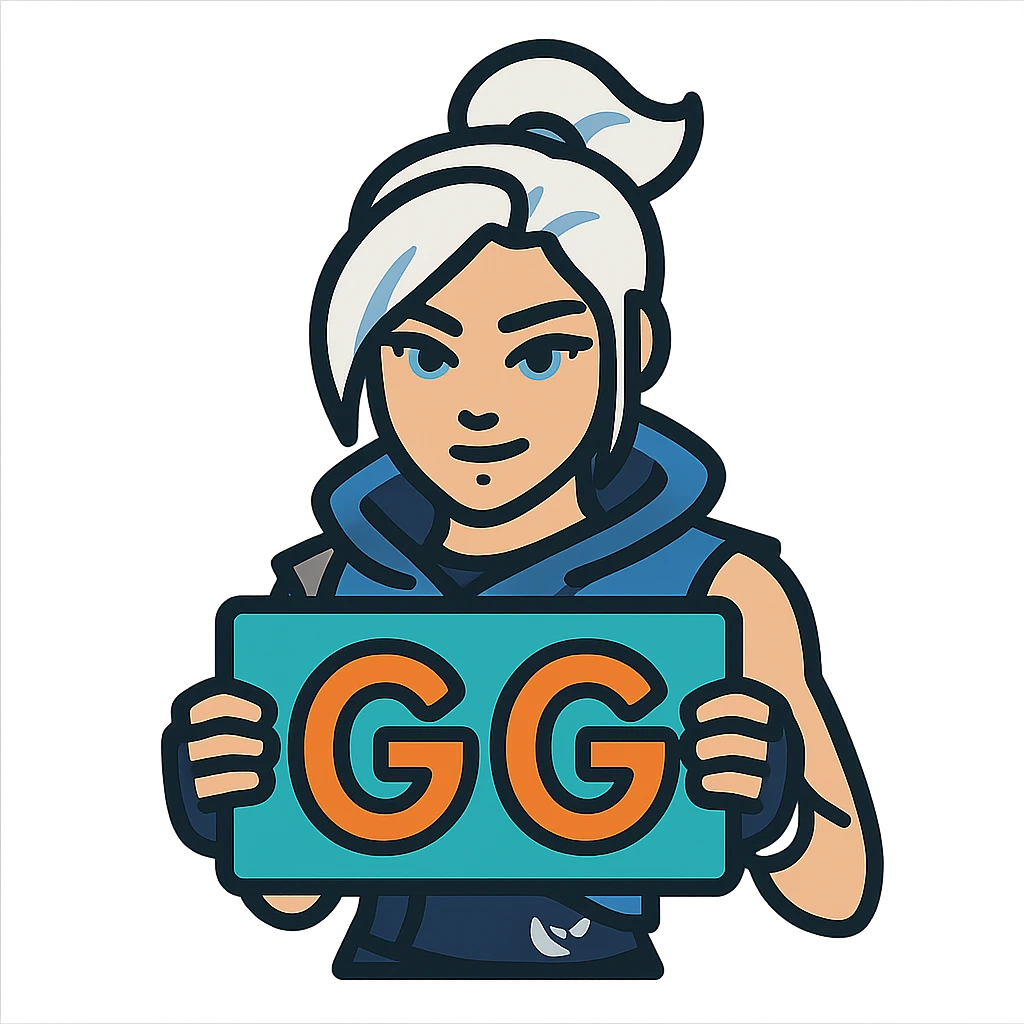 Resize the image to 500x500 pixels and ensure the file size is under 1 MB. Keep Jett from Valorant holding 'GG' text vibrant and energetic in a lineal color icon style with black outlines. emoji