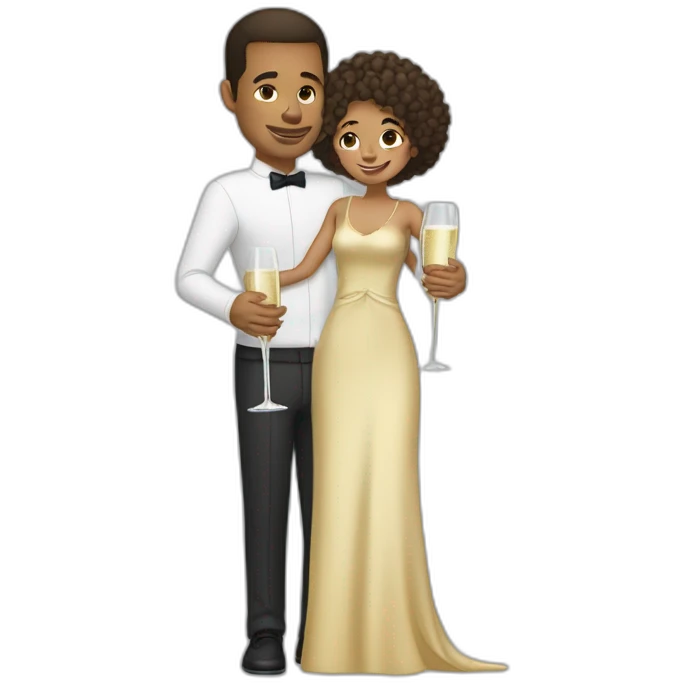 Tall lightskin man with champagne, hugging short lightskin woman emoji