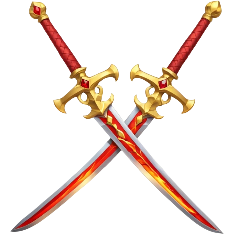 Two crossed swords that are golden in blade and handle and have fiery and royal appearence to them as well as red gem stones yellow in color emoji
