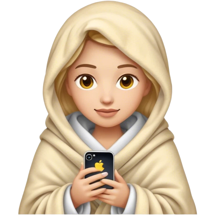woman in cozy blanket with iPhone, iPhone style emoji, highly detailed, hyper-realistic, smooth shading, natural lighting emoji