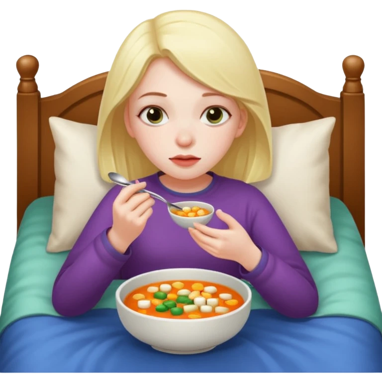 tazita de sopa, pastillas al lado y una chica en una cama emoji