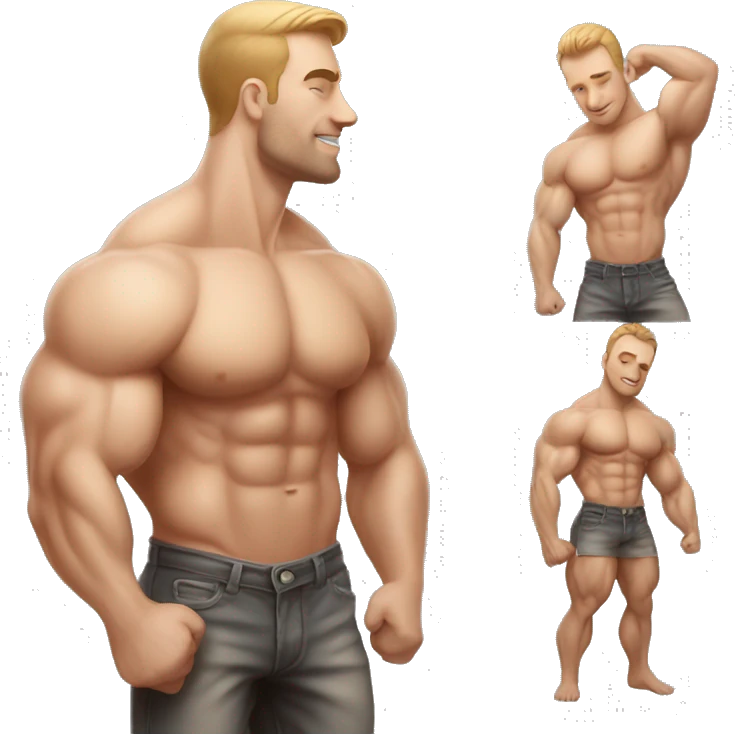 Muscular Caucasian gay bodybuilders kissing realistic emoji