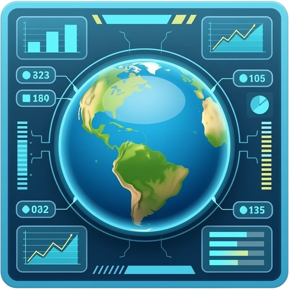 A futuristic HUD showing planet earth and little data callouts with graphs emoji