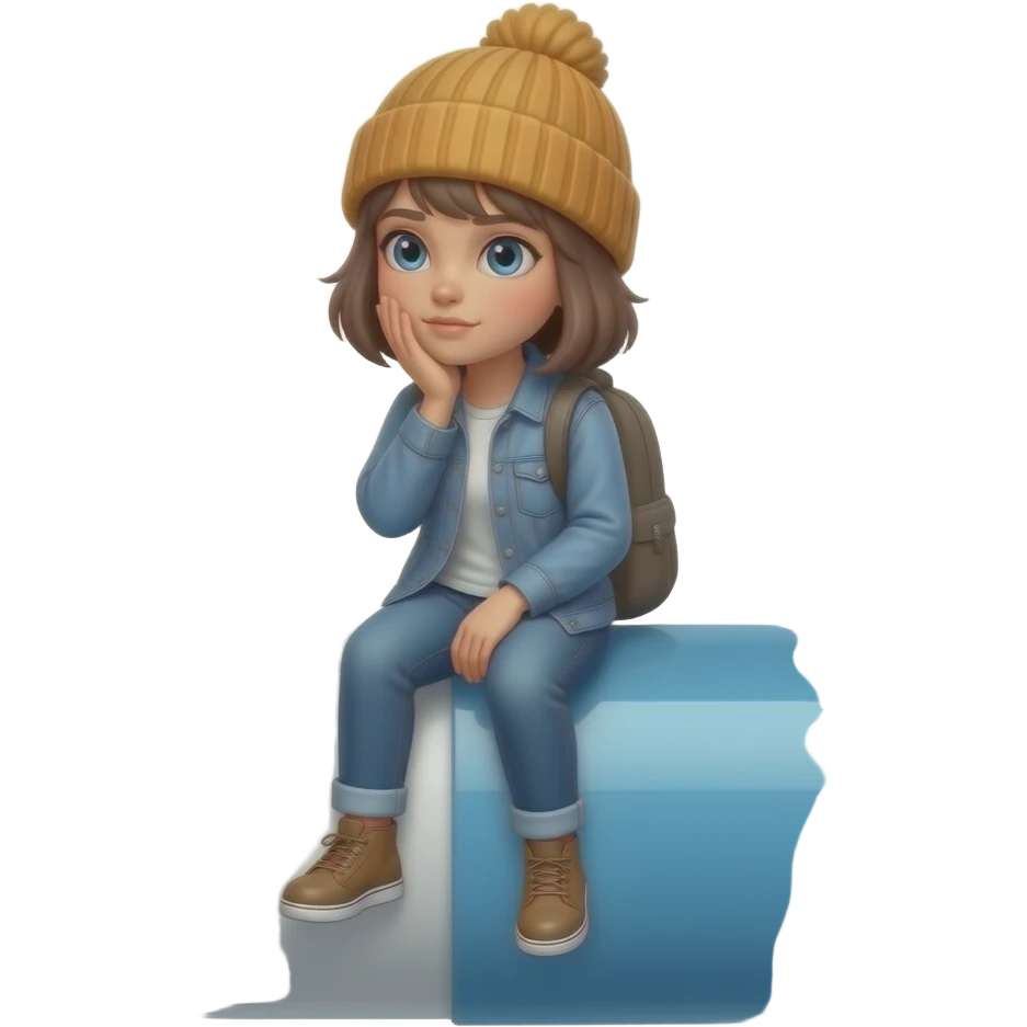 Tomgirl with short hair and beanie is shaking from cold. She is on a giant round Adderall pill.  She had one injured eye. emoji