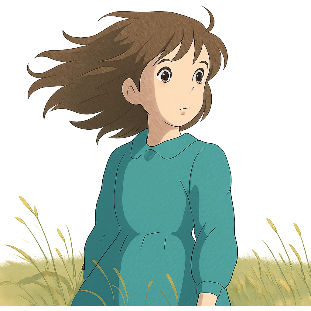 young girl with wind-blown hair standing in a field, ghibli style emoji