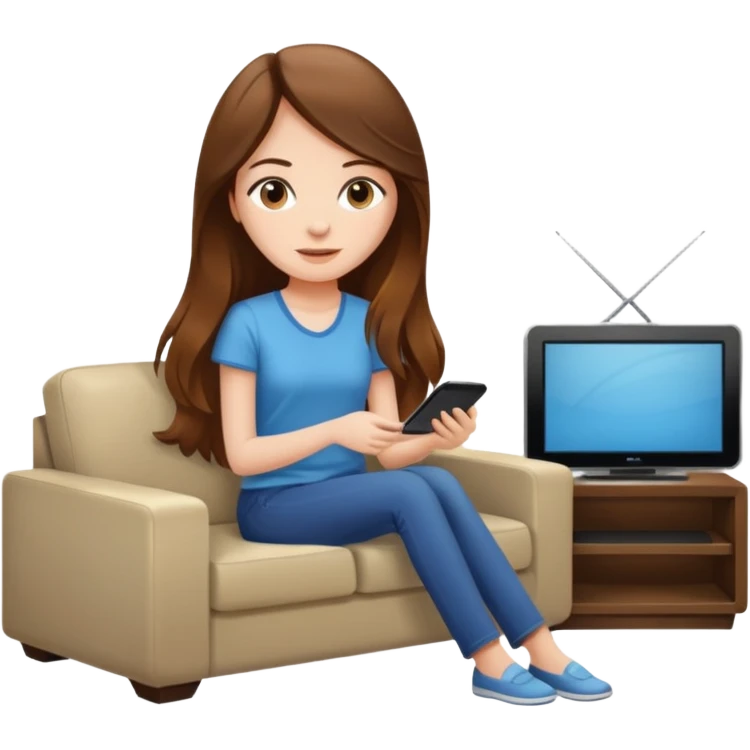 beautiful girl with long brown hair constructing new lounge room area with flat screen tv and couch emoji