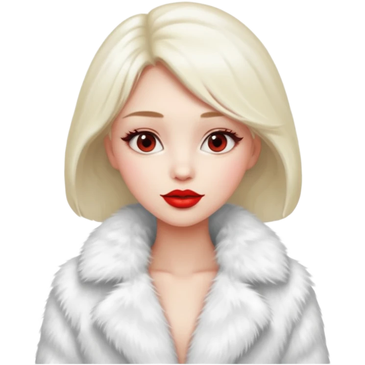 A beautiful, cute girl with red lipstick on her lips in a white fur coat,  in full view emoji