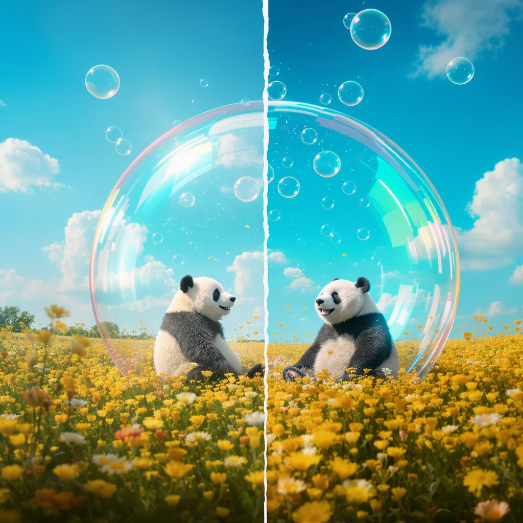 Cinematic still pandas bears sitting inside bubbles flying over field full of flowers, sunny summer day, happy vibe, minimalisic, composition splited to hald (sky and flowers) emoji