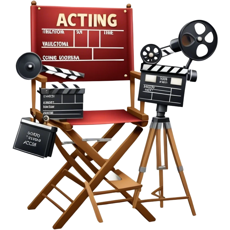 Icon for Acting: a theatrical mask, stage lights, a director’s chair, a script, a movie camera and a clapperboard, representing the craft of acting in theater and film. Famous actor-star. The design should reflect creativity, performance, and storytelling. Transparent background. emoji