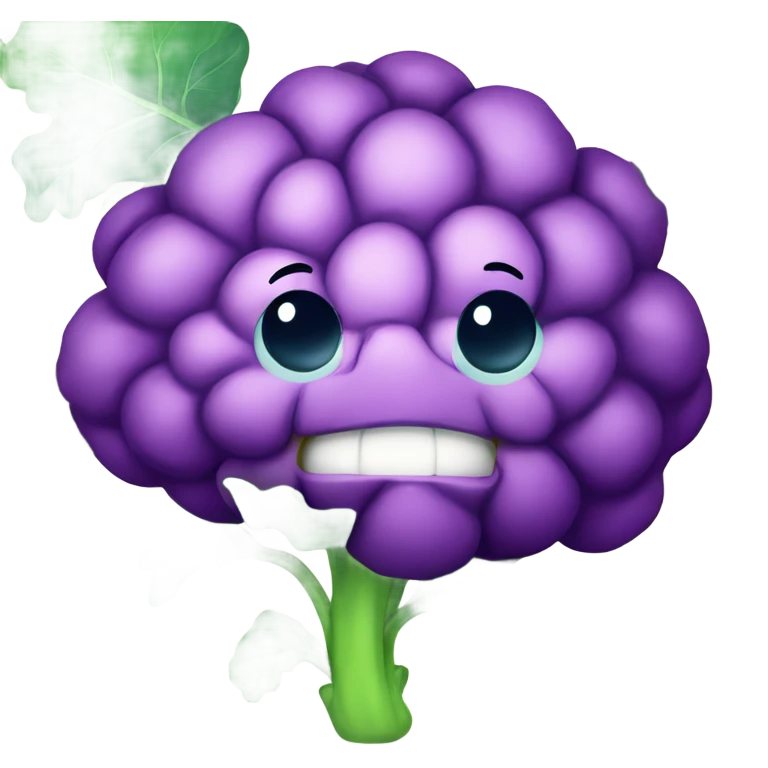  Cheerful purple cauliflower with vibrant green leaves, a cute face with big expressive eyes and a friendly smile, styled in a cartoonish and playful design. emoji