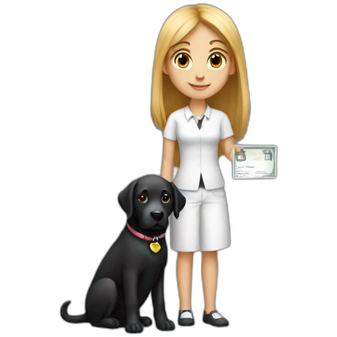girl in white shirt with black labrador holding a cheque with "100,-" emoji