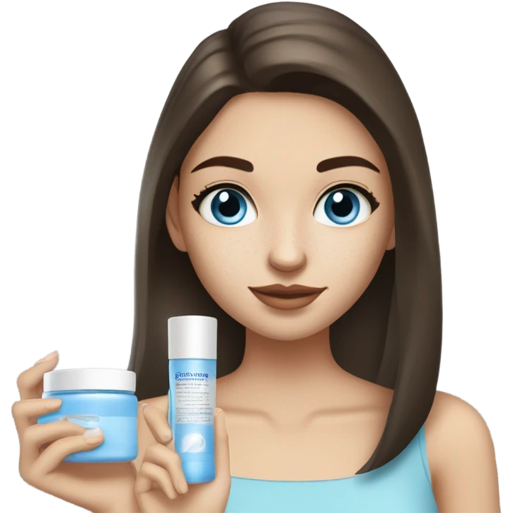 White Skin care on white freackles skin of a brunett blue eyed girl using skin care products  emoji