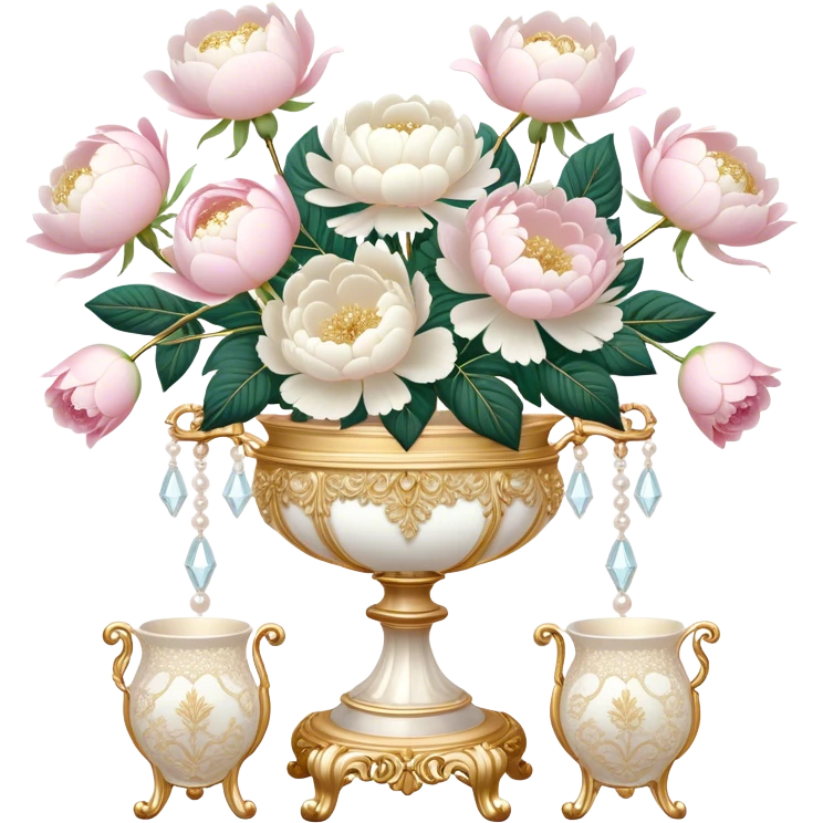 A romantic baroque-style vanity display featuring an intricate golden candelabrum, an embroidered ivory lace fan, and a crystal vase filled with white peonies and pastel pink roses, with pearl butterflies adding a whimsical touch.
 emoji