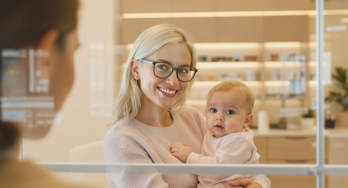 Cinematic still, Proffesional advertising of a smiling european white woman with glasses smiling holding baby, minimalistic ophthalmologist interior in background, leading  lines, "rule of thirds", 60/30/10 colors, soft light, warm colors, frame within a frame emoji