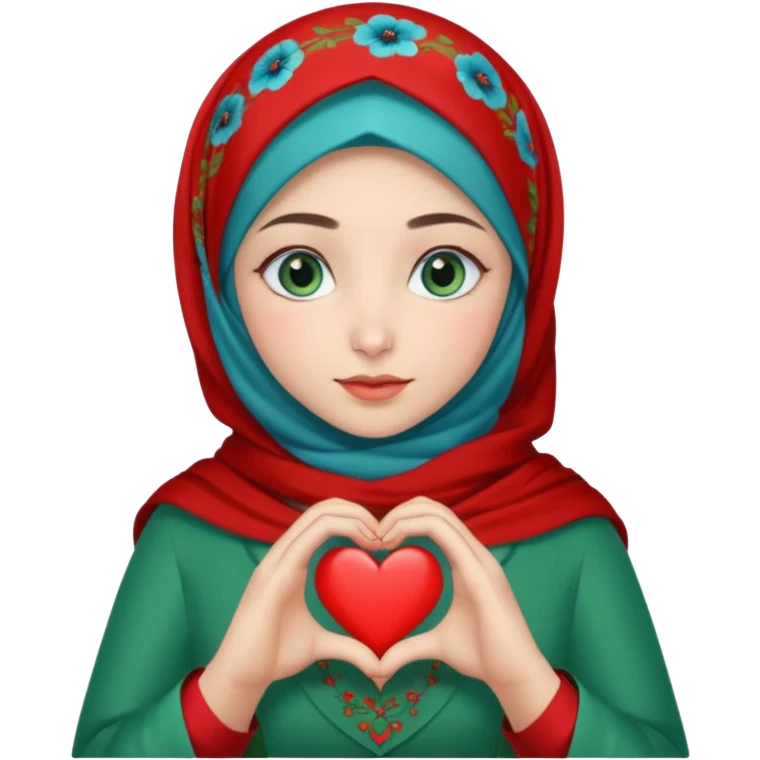 Turkish beautiful finish Konya girl blue eyes with poppy floral hijab and green red dress and she make heart with hands emoji