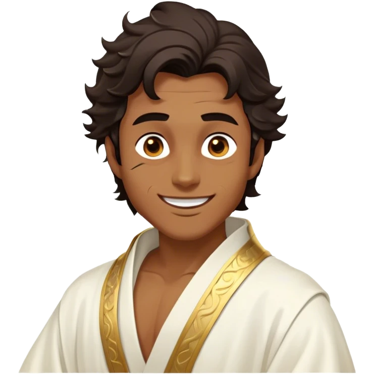 Cinematic Realistic Hercules Portrait, head tilted dramatically with an exaggeratedly amused expression, featuring expressive eyes and a hint of a roguish smile. His bronze, marble-like skin and thick, wavy dark hair, rendered with classical artistry, complement his flowing white robe adorned with delicate golden accents, all brought to life with dynamic natural lighting that captures a rare, playful moment from an enduring legend. emoji