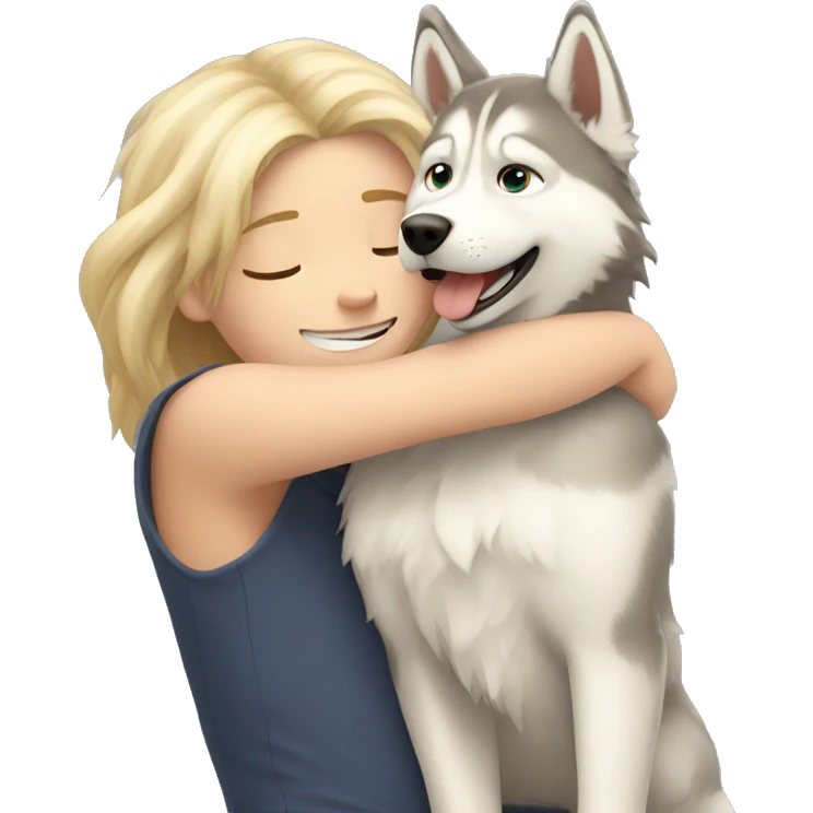 blond kid with long hair is hugging husky  emoji