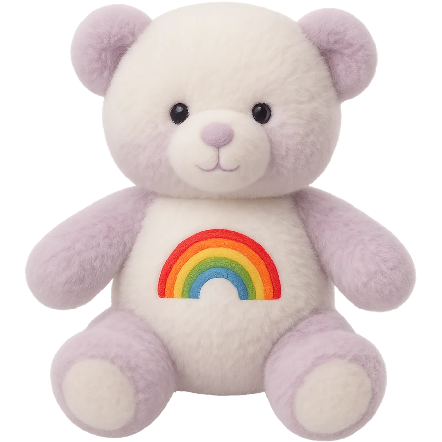 Add a rainbow patch to the purple and white teddy bear, keep it soft and plush, no shadows, flat lighting, no background. The style should maintain the soft and plush look of the teddy bear with flat lighting and no shadows. emoji