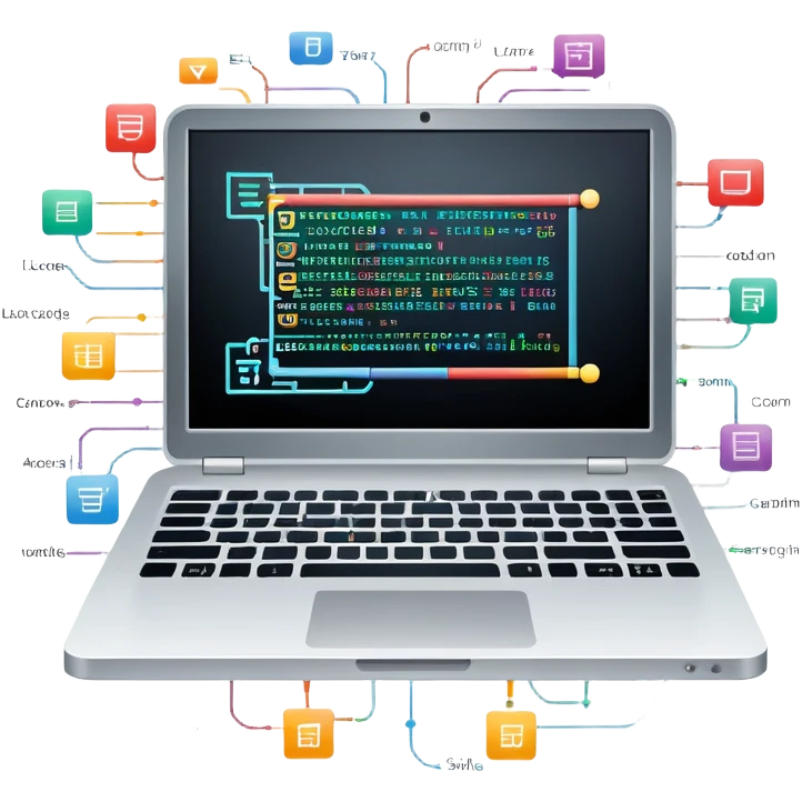 An icon featuring a laptop screen with colorful lines of code, brackets, and a blinking cursor, symbolizing programming. The design includes flowcharts, gear icons, and binary code, representing software development and logical problem-solving. Transparent background highlights the world of coding. emoji