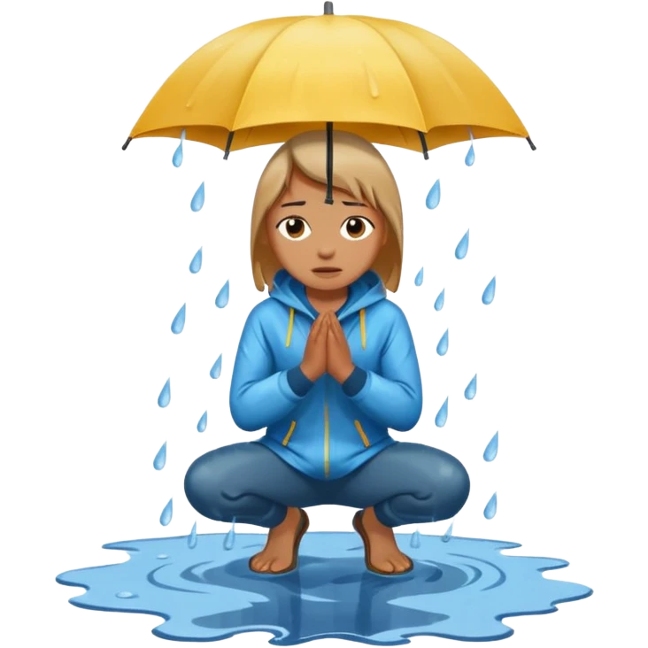 Character kneeling as rain hits the ground, one drop splashing exaggerated emoji