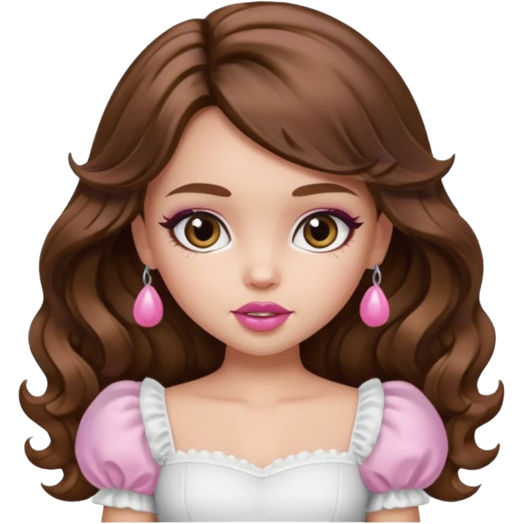 generate a pretty bratz girl with in a white puff sleeve top. Pink lipgloss. Brown wavy hair long.  emoji