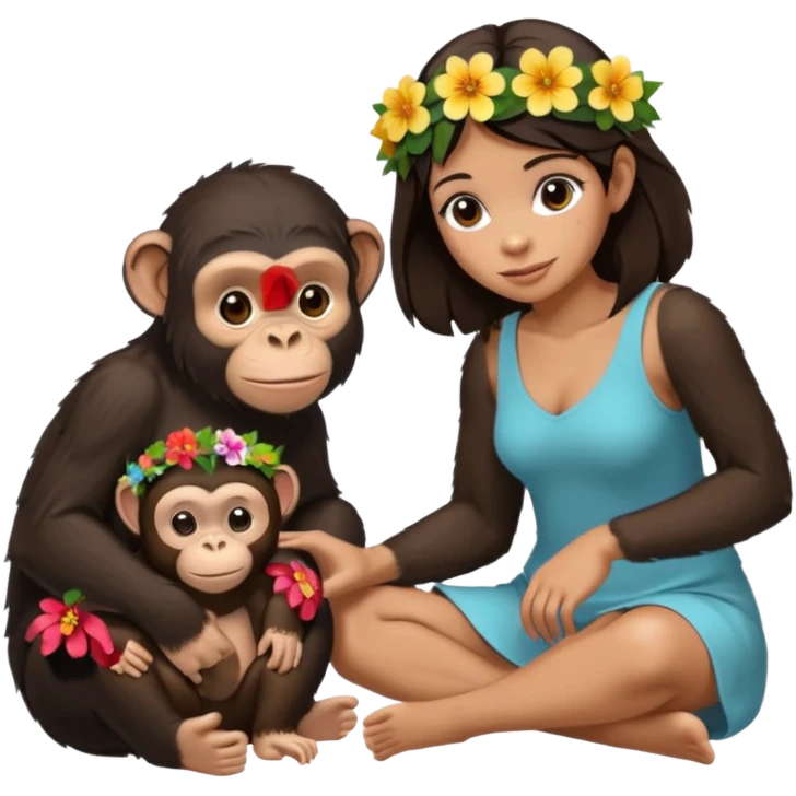 un chiomapnze sentado en el suelo al lado de una mujer emoji