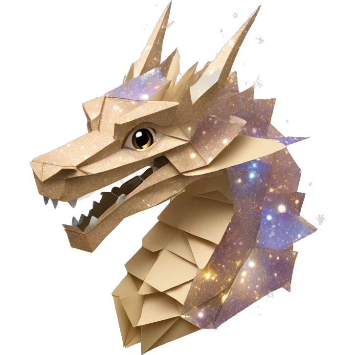 Sparkling patterned Beige Origami dragon with a dried flower crown made of newspapers intricate patterns surrounded by fairy lights nebula galaxy stars swirls iridescent holographic  emoji