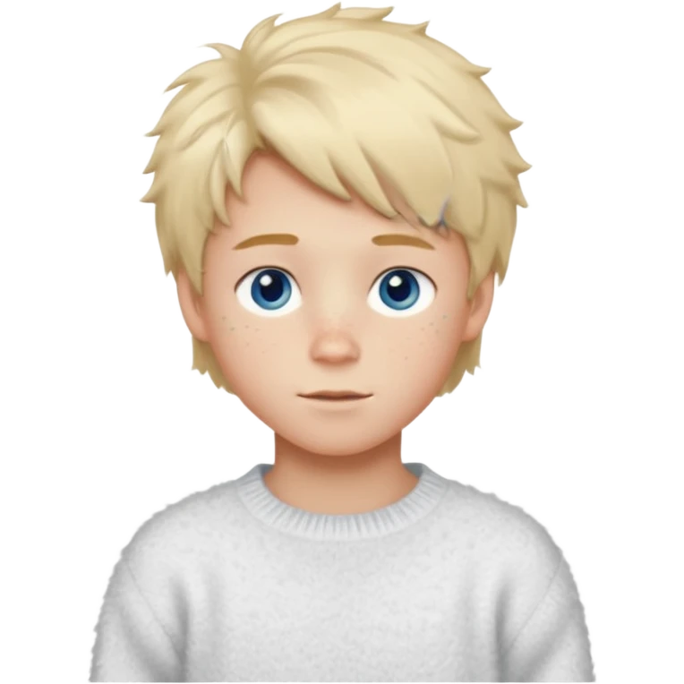 create-a-look-for-a-blond-boy-with-long-tousled-hair-light-eyes-a-white-sweat + fluffy white sweater + styled hair blonde with hair to the side cute + cute face with freckles  medium hair fluffy to the side no long hair cute hair blonded no messy medium height blue eyes cute emoji