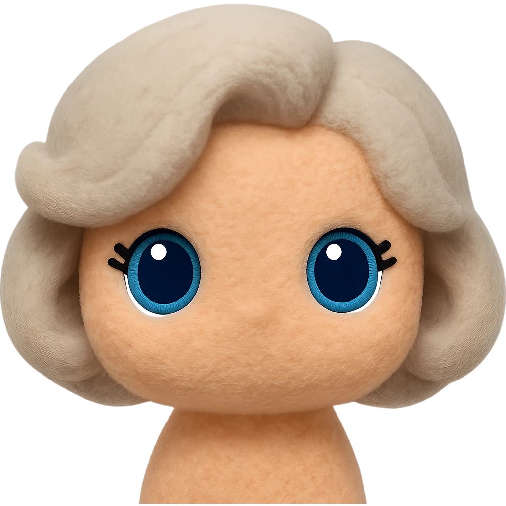Remove any neck or body, make the blue eyes more vibrant and lively, keep soft fleece texture, pure silver grey hair styled in a 1940s bob, cute plush-style eyelashes, no mouth, no white border, transparent background. Maintain a cute plush style with soft fleece texture and vibrant blue eyes. emoji