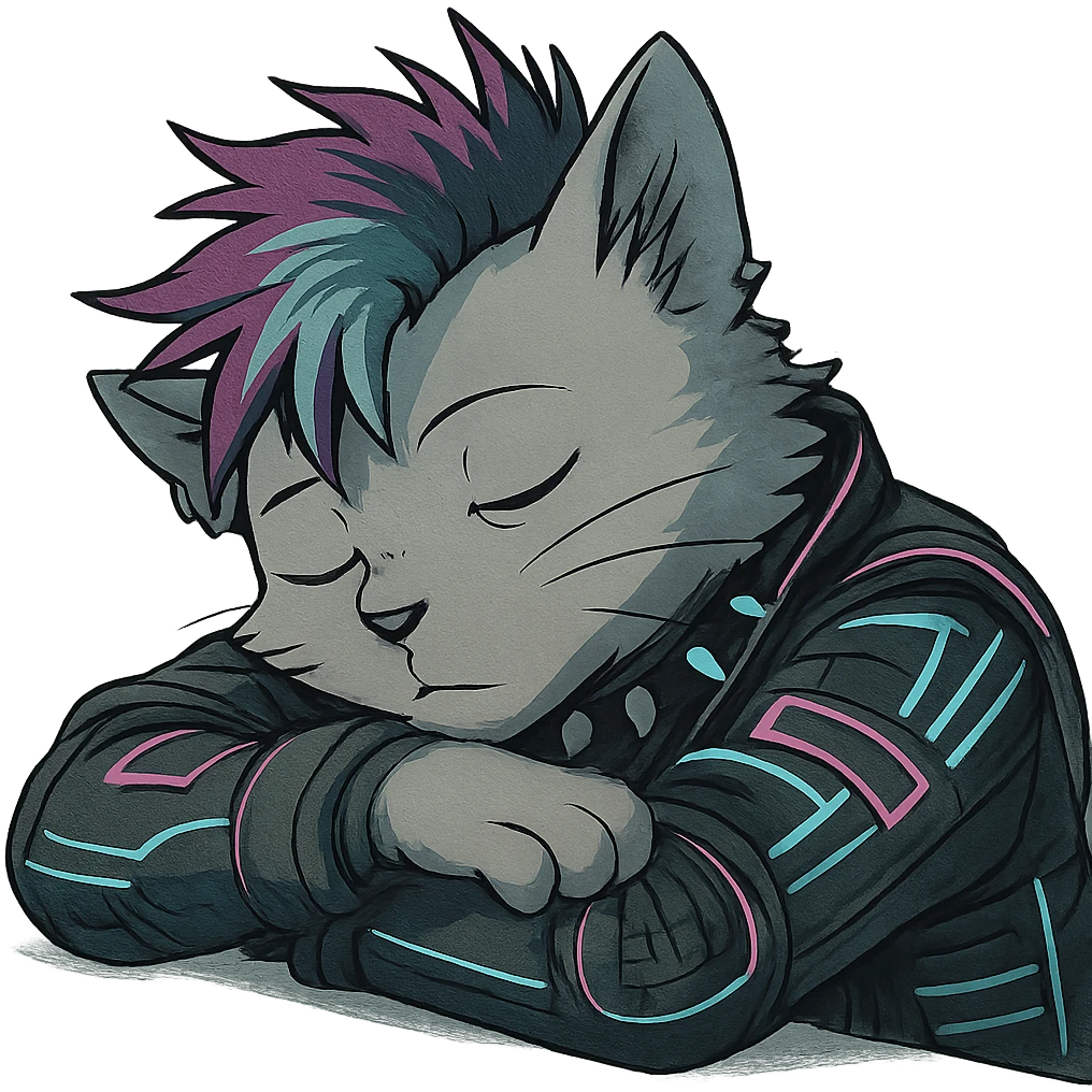  a anthro cat laying down his head to nap, punk gothic style, futuristic cyberwave cyberpunk, resting his head on his arms, head tilted sideways, light gray cata emoji